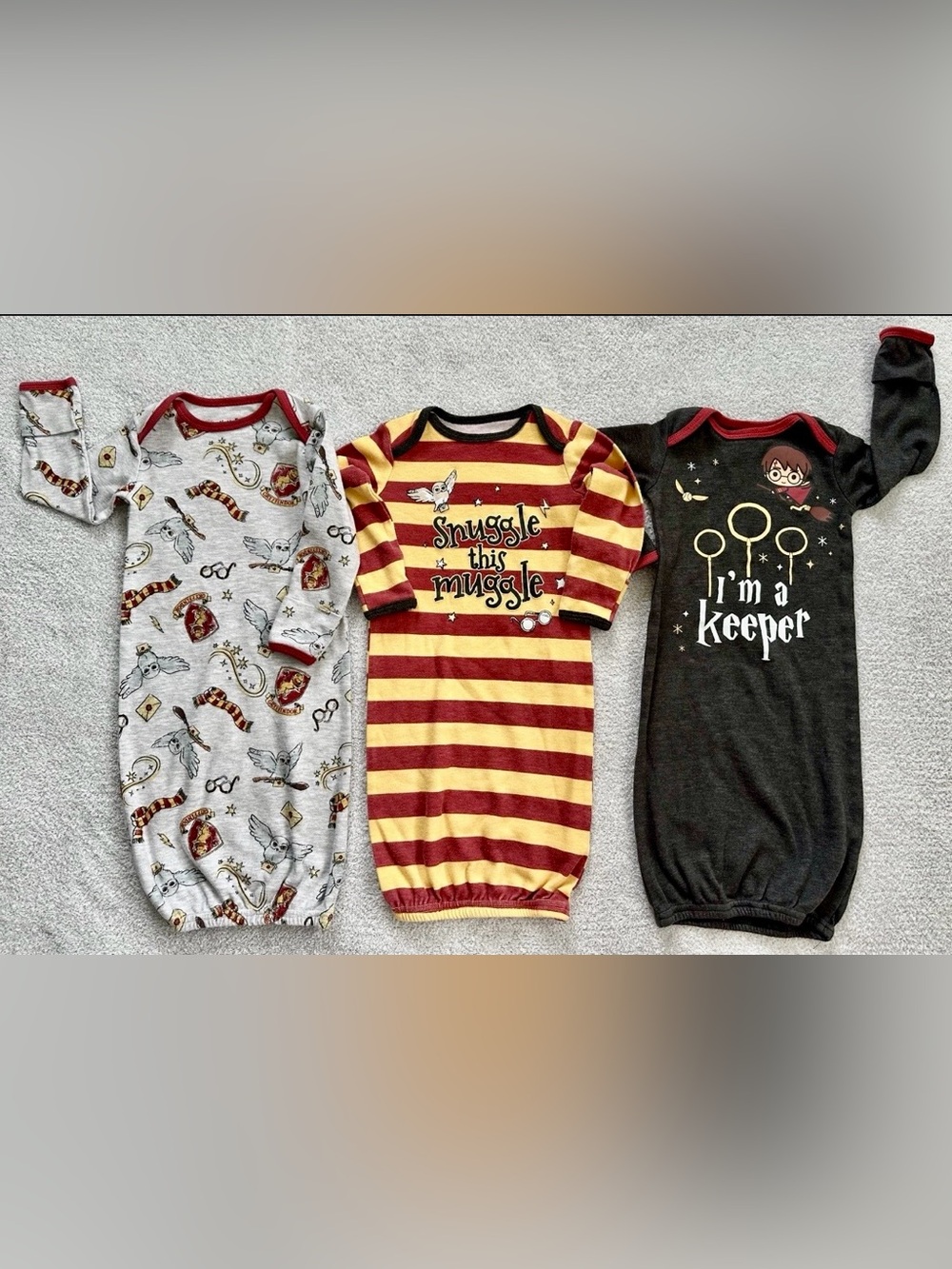 Harry Potter Inspired Baby Sleeper Gown 3 Set Snuggle this Muggle/ Keeper 0-6 MO